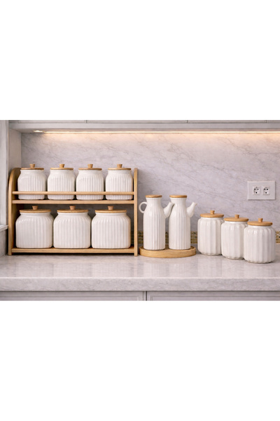 ozbience 13 Parça Porselen Bambu Standlı Yıldız Yağdanlık ve Baharatlık Takımı