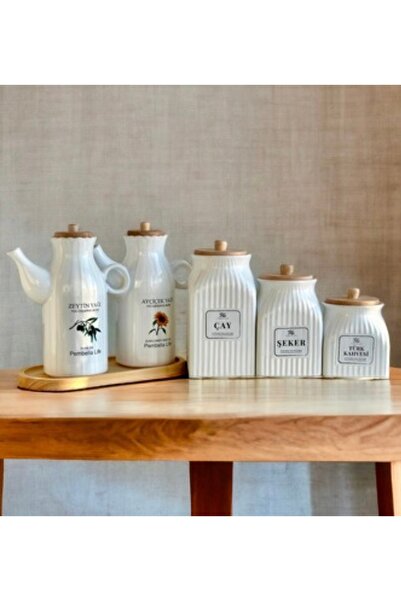 ozbience 6 Parça Bambu Standlı Porselen Yağdanlık ve Çay Şeker Türk Kahve Kav...