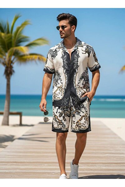 YusGos Relaxed Fit Patterned Short Sleeve Loose Lapel Collar Summer Shirt Sho...