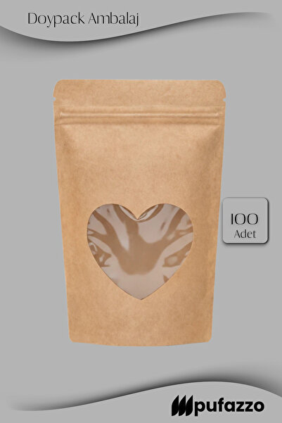 PUFAZZO Doypack Ambalaj - Kraft Kalp Pencereli Kilitli Kese Kağıdı - Kahve Am...