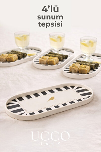 UCCO 4 Pieces of Patterned 30X13Cm Oval Coffee, Dessert, Soft Drink Presentat...