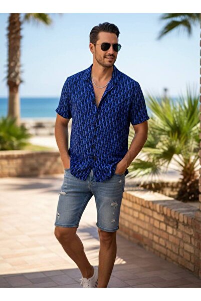 YusGos Hawaiian Relaxed Fit Patterned Short Sleeve Apaş Collar Viscon Cotton ...