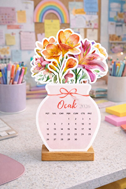 WALLHUMAN Masaüstü Lale & Zambak Takvimi – Ocak | Ahşap Standlı Vazo Form Dek...