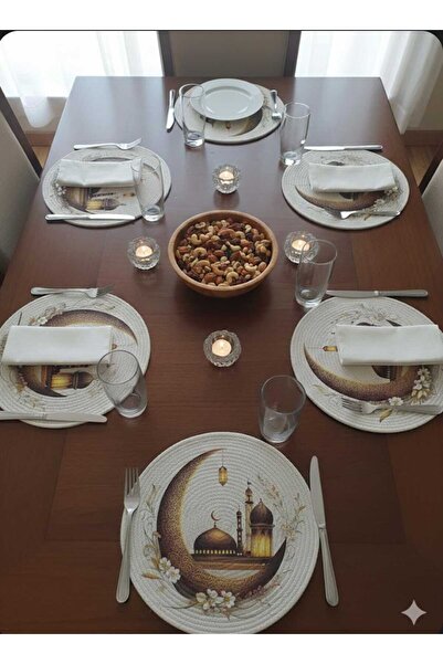 ozbience Ramazan Temalı Örgü Amerikan Servis 12'li Set, Ay ve Fener Desenli