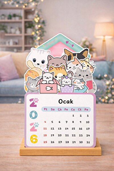 WALLHUMAN Masaüstü Kedi Temalı Takvim | Sevimli Kedi İllüstrasyonlu | Ahşap S...