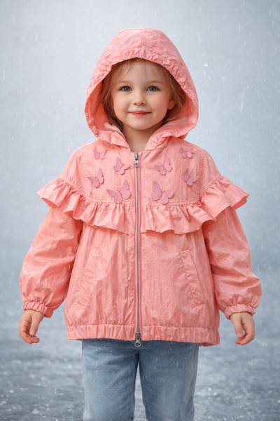 Midimod Kız Çocuk Kapüşonlu Fırfır Detaylı Kelebek Aplikeli Yağmurluk (2–5 Yaş)