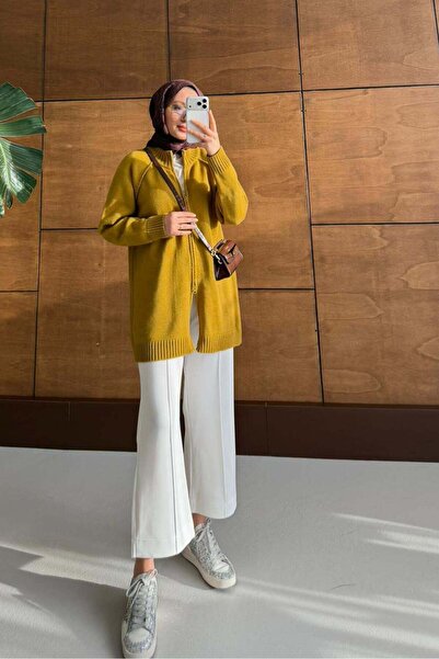 Rimel Moda Oversize Fermuarlı Hırka Yağ Yeşili