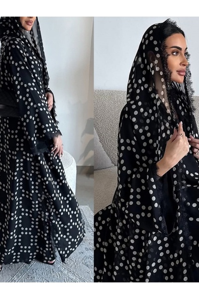 Noon Noora عباءة (كارديجان) من الشيفون المنقطة والدانتيل مع غطاء للرأس