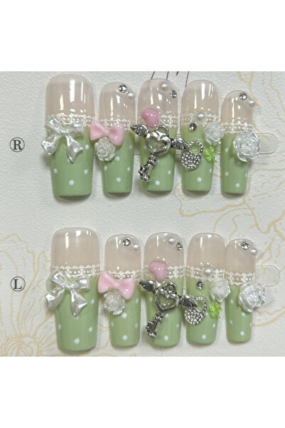 Choice XS Y2K Vintage Gyaru French Lace Long Handmade Press On Nails Bow Pear...