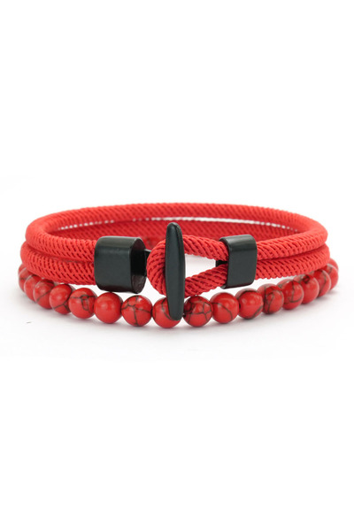 Choice Red Classic 2Pcs Rope and Beaded Bracelet for Men Handmade Easy Hook R...
