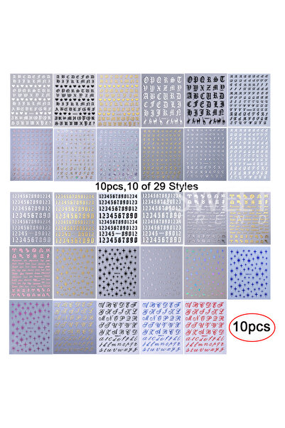 Choice random 10pcs SWEET TREND 4/6/7/10/11pcs Roman Letter Nail Stickers Gol...