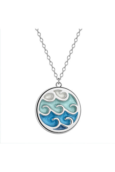 Choice Silver Stainless Steel Enamel Blue Ocean Wave Pendant Necklace For Wom...