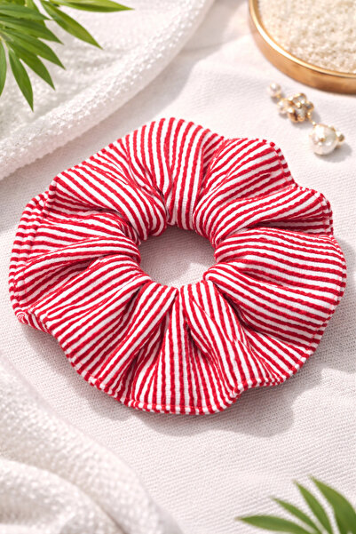 özkalp pazar Kırmızı Beyaz Çizgili Kumaş Saç Tokası – Yumuşak Lastikli Scrunchie