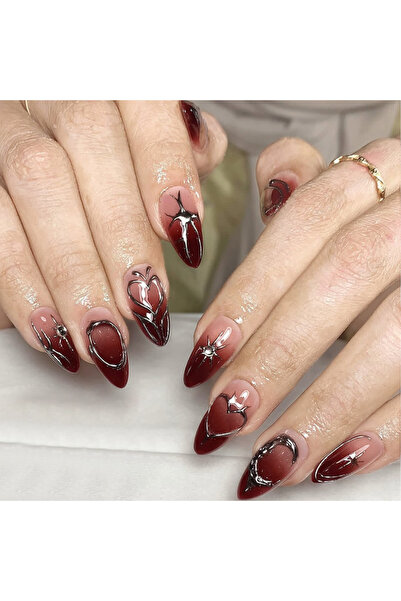 Choice 1 24PCS Gothic Dark Red Blush French Fake Nails Metallic Silver Heart ...