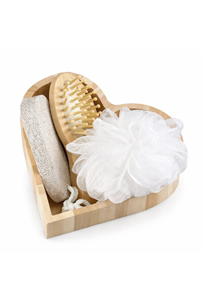 OEM 4-piece spa bath set, heart model, wooden stand, massage brush, pumice st...