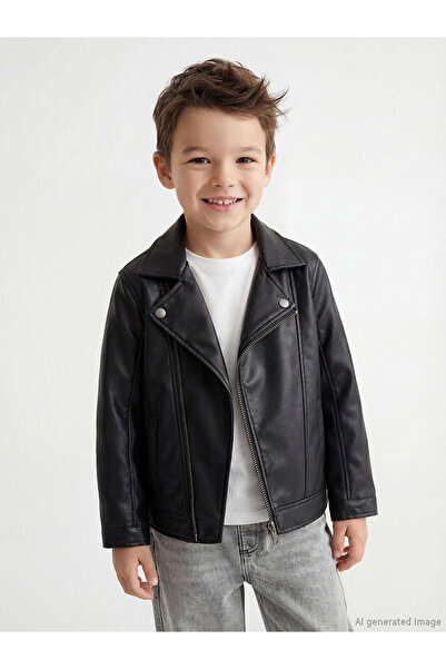 LC Waikiki LCW Kids Siyah Deri Görünümlü Erkek Çocuk Mont