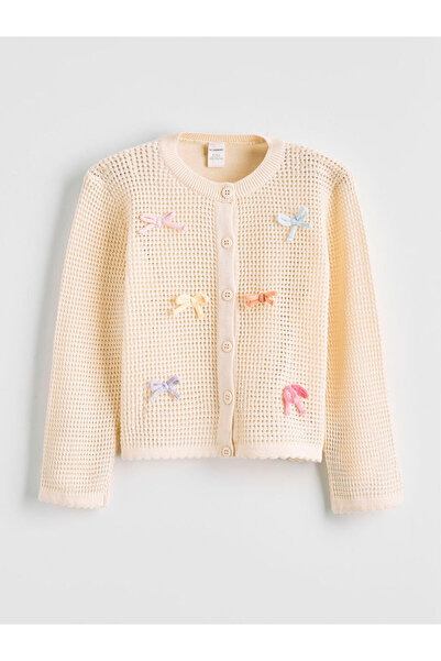 LC Waikiki Rmz Gi̇yi̇m Farkiyla Girls' Bow Embroidered Knitwear Cardigan