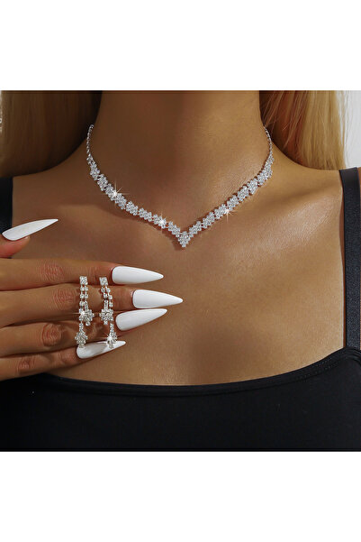 Choice 2159-Silver V-Shaped Crystal Jewelry Set Necklace Bracelet Earrings Sp...
