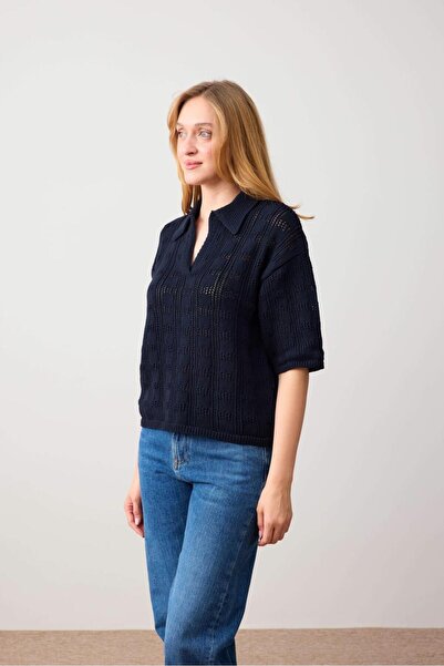 Jimmy Key Lacivert Loose Polo Yaka Triko Bluz