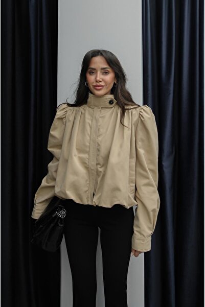 Havoş Beige Trench Coat with Shoulder Detail and Stand Collar