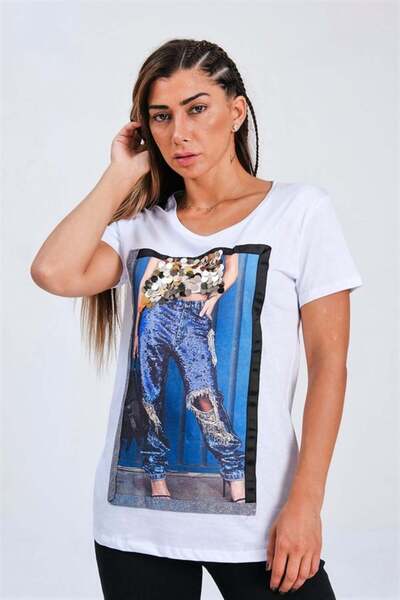 Şeker Portakalım White Printed Sequin Embroidered Glitter Stripe T-Shirt