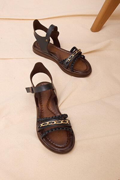 Tonny Black Sandale plate împletite, negre, confortabile, pentru fete