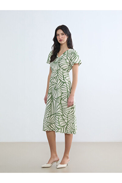 LC Waikiki Peak New Season Double-Breasted Collar Patterned Waist-Fitted Dress