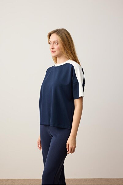 Jimmy Key Lacivert Rahat Kesım Yuvarlak Yaka Kısa Kollu Örme Sweatshirt