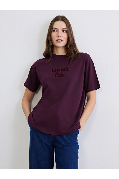 LC Waikiki تي شيرت نسائي من مجموعة ميرال مطبوع عليه Paris Crew Neck بلون البرقوق