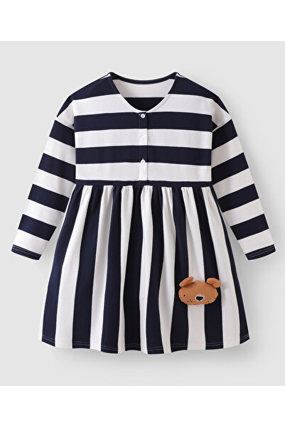 SAPS فستان بأكمام طويلة مزين برقعة دب - أسود/أبيض