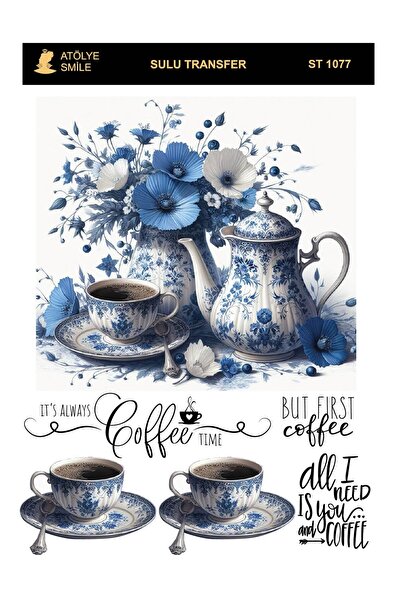 Atölye Smile ST1077 Mavi Beyaz, Çaydanlık, Fincan Desenli 25*35 cm Açık Zemin...
