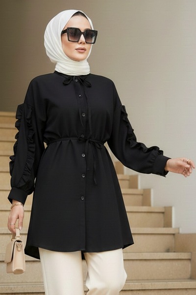 N.S NEVA STYLE Buttoned Black Hijab Tunic 20295S