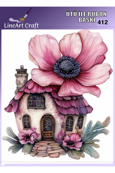 LİNEART Rt 412 Pink Flower House Patterned Fabric Transfer, Wood Transfer, Ru...