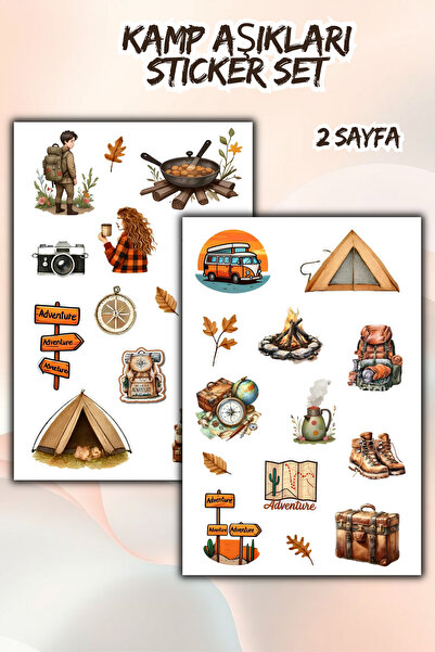 birikiyedi 2 Sayfa Kamp Temalı Sticker Set Bullet Journal/Ajanda/Defter/Laptop