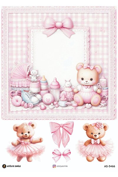 Atölye Smile 3466 Pink, Frame, Teddy Bear Patterned 29*42 cm Brass Decopage