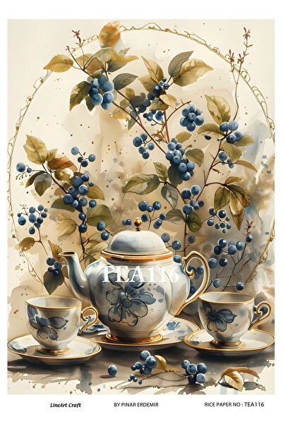 LİNEART TEA116 Mavi, Fincan Desenli 29*42 Pirinç Dekopaj