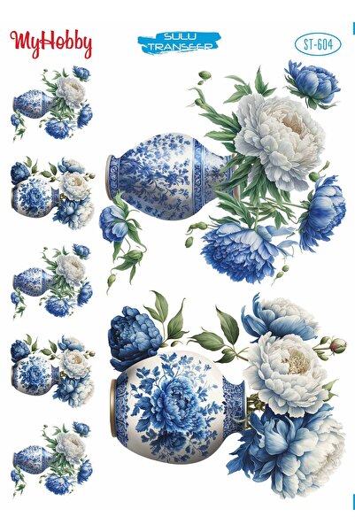 MyHobby ST604 أزرق وأبيض، نمط زهرة مزهرة في مزهرية 25*35 سم، طباعة مائية على ...