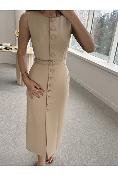 My Blog Beige Belted Multi-Button Long Dress - 2002
