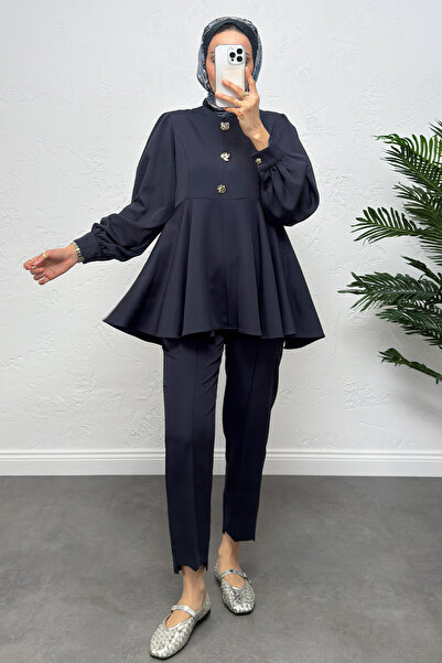 Salih Çelebi طقم فولاان ديتايل المكون من قطعتين 0071 - أزرق داكن