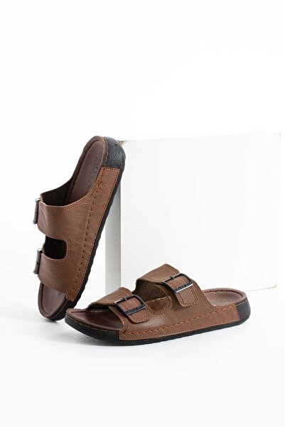 ADIMİST Men's Orthopedic Sole Stitched Inside-Out Leather (Artificial) Slippers