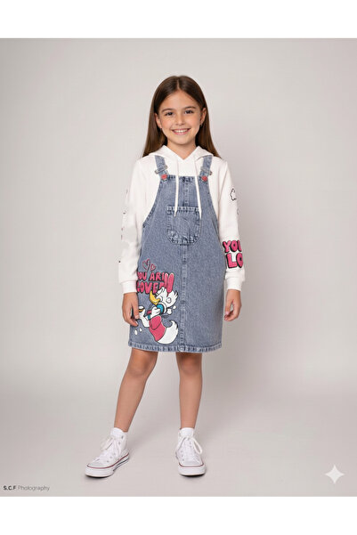 DEROSHkids Kız Çocuk Daisy Baskılı Askılı Jean Salopet Kot Jile Elbise