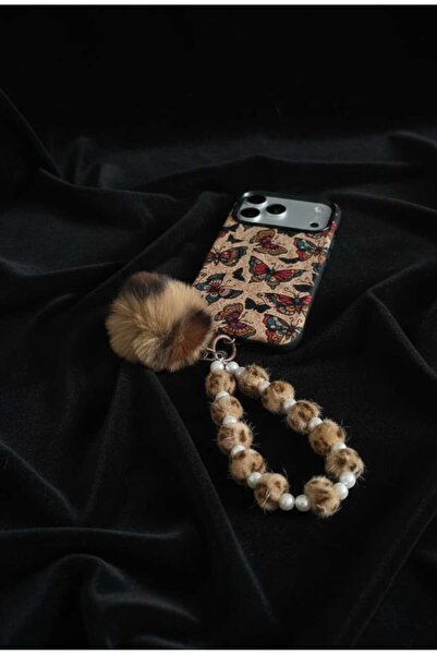 Beksy Accessory El Askısı Telefon Tutucu Peluş Ponponlu Leopar Desen Şık Çant...