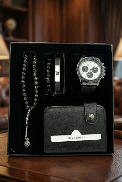 TEKMAKG Erkek Saat Cüzdan Tesbih Bileklik Seti Hediye Kutulu Kartlık Hediyelik