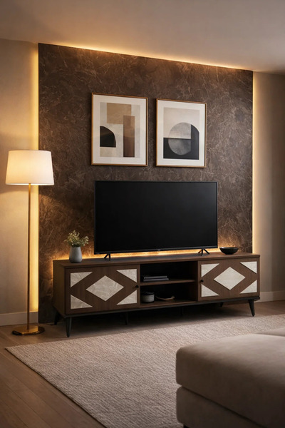 MARIA HOMES Stylish Dark Wood TV Table 160cm with Geometric Door Design and M...