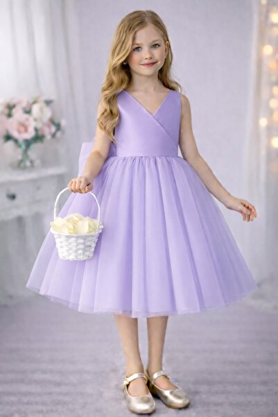 SUNEH Kız Çocuk Lila Anvelop Yaka Mini Sade Eteği Kabarık Balo & Doğum Günü E...