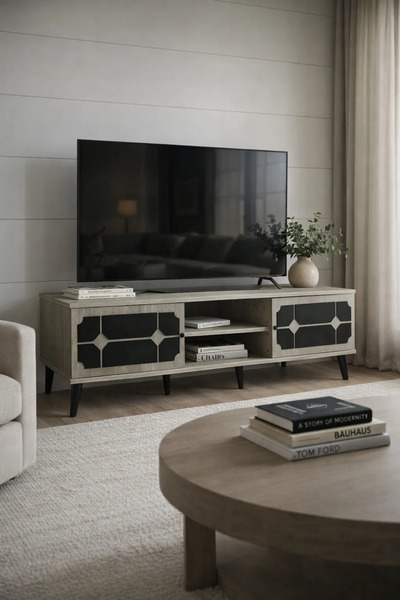 MARIA HOMES Samal Furniture Modern Beige TV Stand with Geometric Black Doors ...