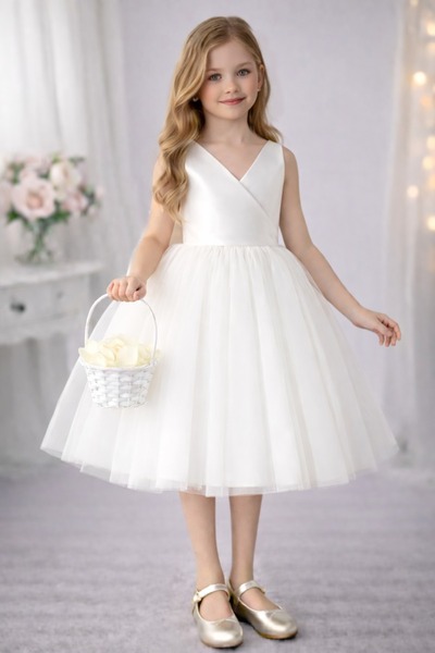 SUNEH Kız Çocuk Beyaz Anvelop Yaka Mini Sade Eteği Kabarık Balo & Doğum Günü ...