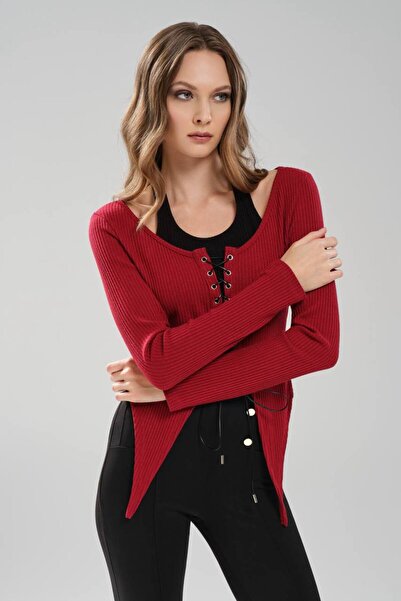 tw3 Kadın Önü Bağcık Detaylı Çift Parça Görünümlü Uzun Kollu Tasarım Bluz