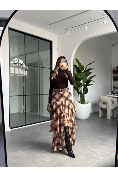 KÜBRA SÖYLEMEZ BOUTİQUE KAHVE ŞİFON KAT KAT KEMERLİ ETEK