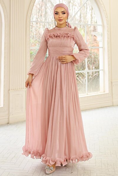 Olcay Yoryo Seiden-Hijab-Abendkleid mit Rüschen und Falten-Details PUDRA 1250